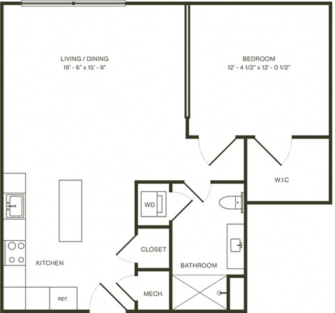 Floor plan for 1 bed, 1 bath, 776 sqft
